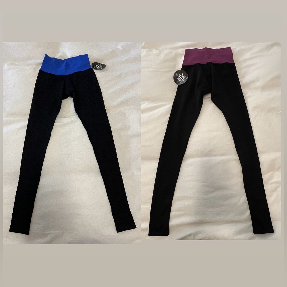 Set of 2 NWT Phat Buddha Black w/ Pink/Blue Waist Leggings - OS (but fits XS/S)